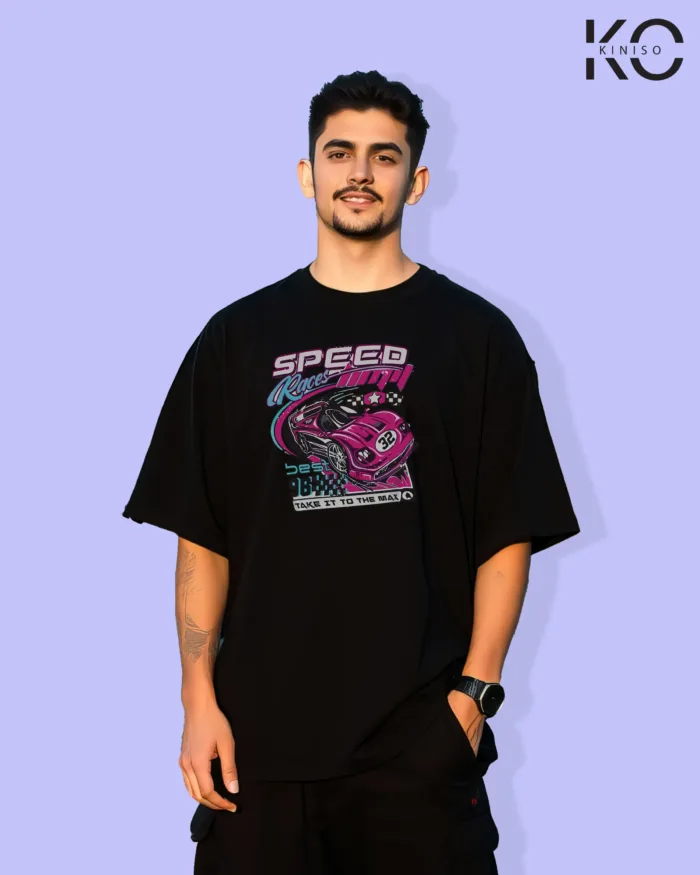 Image of Black color drop shoulder t-shirt with Best Speed Race Print for men at reasonable price